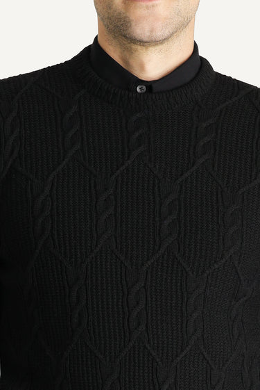 Siyah Bisiklet Yaka Slim Fit Dar Kesim Yünlü Desenli Pamuklu Triko Kazak