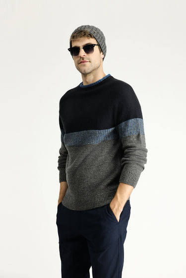 Orta Gri Melanj Bisiklet Yaka Slim Fit Dar Kesim Desenli Triko Kazak