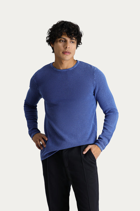 İndigo Bisiklet Yaka Slim Fit Dar Kesim Desenli Pamuk Triko Kazak