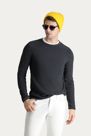Koyu Antrasit Bisiklet Yaka Slim Fit Dar Kesim Desenli Pamuk Triko Kazak