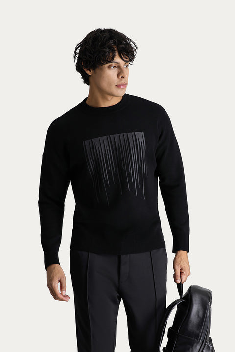 Black Crew Neck Printed Oversize Cotton Knit Sweater