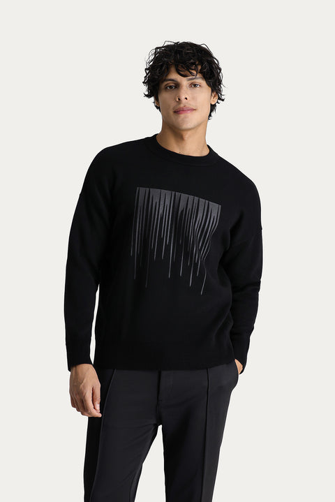 Black Crew Neck Printed Oversize Cotton Knit Sweater