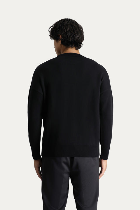 Black Crew Neck Printed Oversize Cotton Knit Sweater