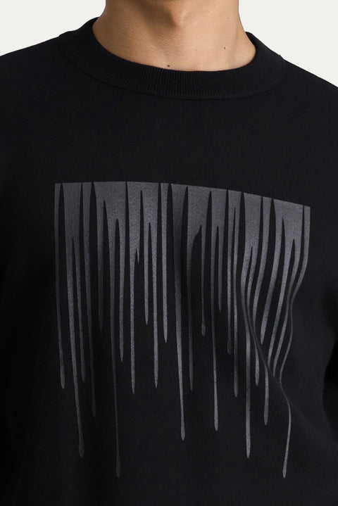 Black Crew Neck Printed Oversize Cotton Knit Sweater