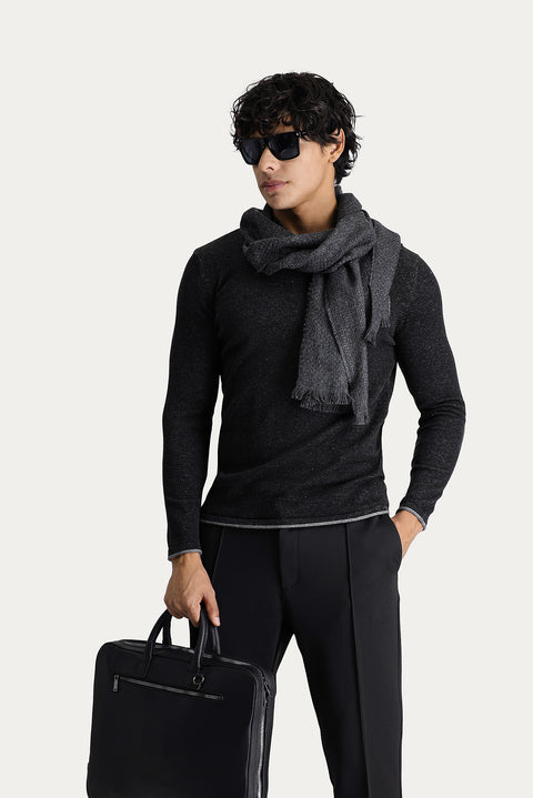 Siyah Bisiklet Yaka Slim Fit Dar Kesim Desenli Pamuklu Triko Kazak