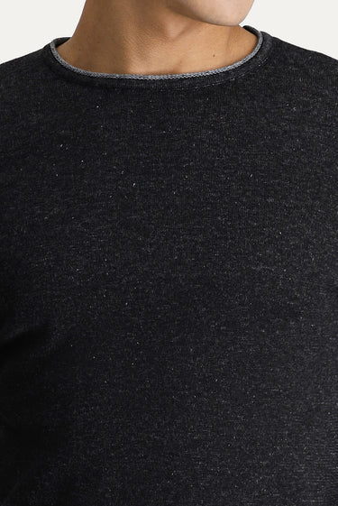 Siyah Bisiklet Yaka Slim Fit Dar Kesim Desenli Pamuklu Triko Kazak