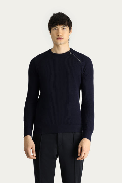 Koyu Lacivert Bisiklet Yaka Slim Fit Dar Kesim Fermuarlı Desenli Pamuklu Triko Kazak
