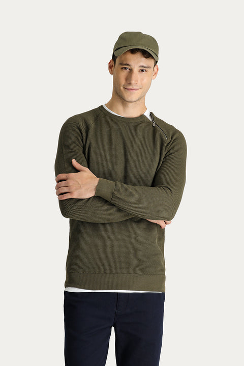 Medium Khaki Bicycle Neck Slim Fit Narrow Cut Zippered Patterned Knit Sweater