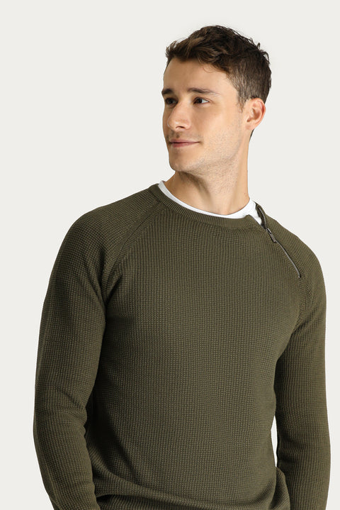 Medium Khaki Bicycle Neck Slim Fit Narrow Cut Zippered Patterned Knit Sweater