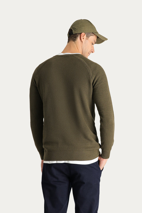 Medium Khaki Bicycle Neck Slim Fit Narrow Cut Zippered Patterned Knit Sweater