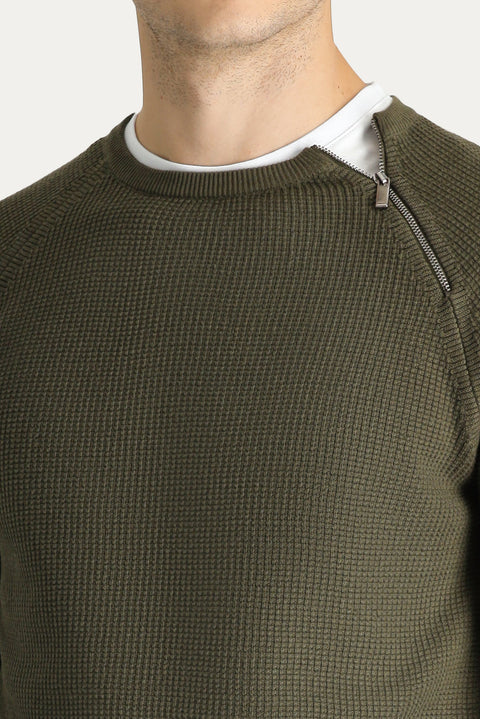 Medium Khaki Bicycle Neck Slim Fit Narrow Cut Zippered Patterned Knit Sweater