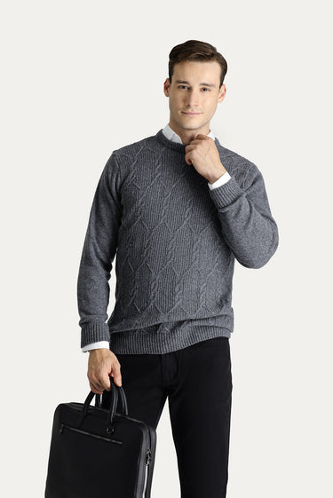 Orta Füme Bisiklet Yaka Slim Fit Dar Kesim Yünlü Desenli Triko Kazak