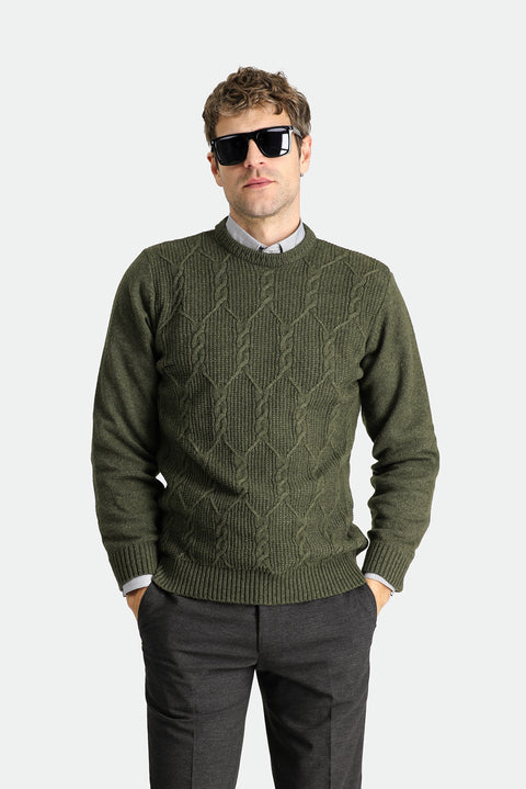 Orta Haki Bisiklet Yaka Slim Fit Dar Kesim Yünlü Desenli Triko Kazak