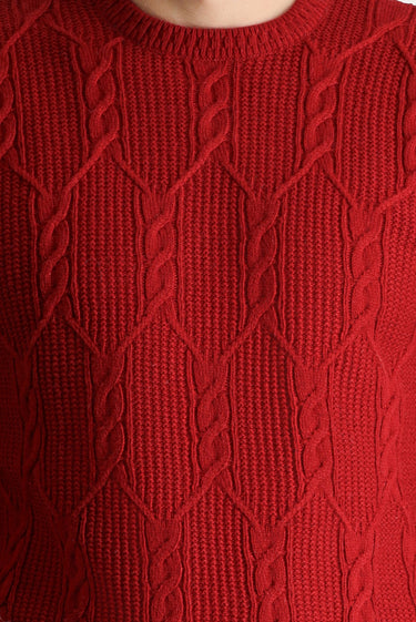 Koyu Kırmızı Bisiklet Yaka Slim Fit Dar Kesim Yünlü Desenli Triko Kazak