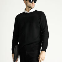 Siyah Bisiklet Yaka Slim Fit Dar Kesim Dikişsiz Desenli Yünlü Triko Kazak