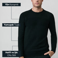Black Bicycle Collar Slim Fit Narrow Cut Patterned Wool Knit Sweater