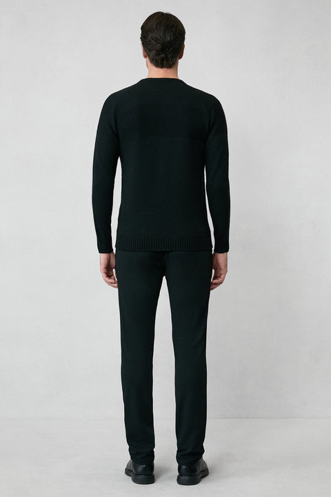 Black Bicycle Collar Slim Fit Narrow Cut Patterned Wool Knit Sweater