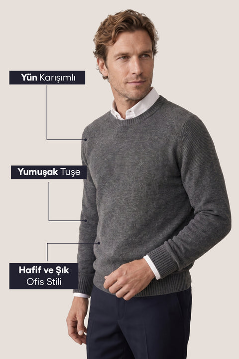 Orta Füme Bisiklet Yaka Slim Fit Dar Kesim Desenli Yünlü Triko Kazak