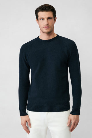 Koyu Lacivert Bisiklet Yaka Slim Fit Dar Kesim Desenli Yünlü Triko Kazak