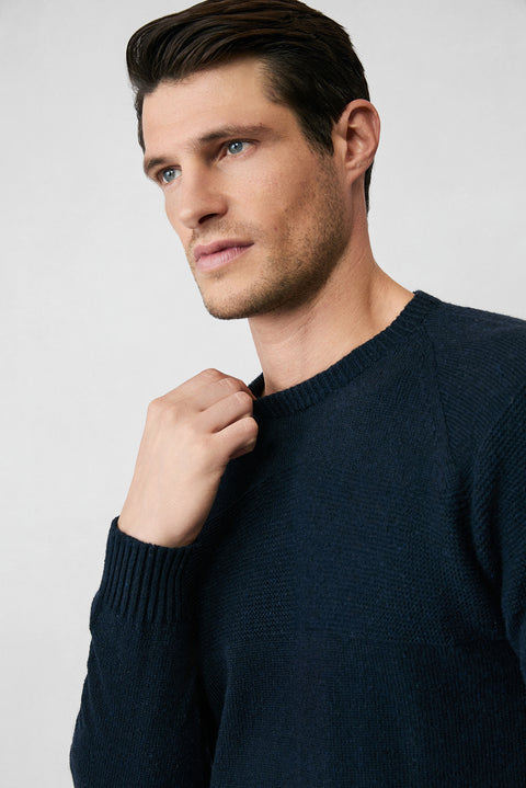 Dark Navy Crew Neck Slim Fit Patterned Wool Knit Sweater