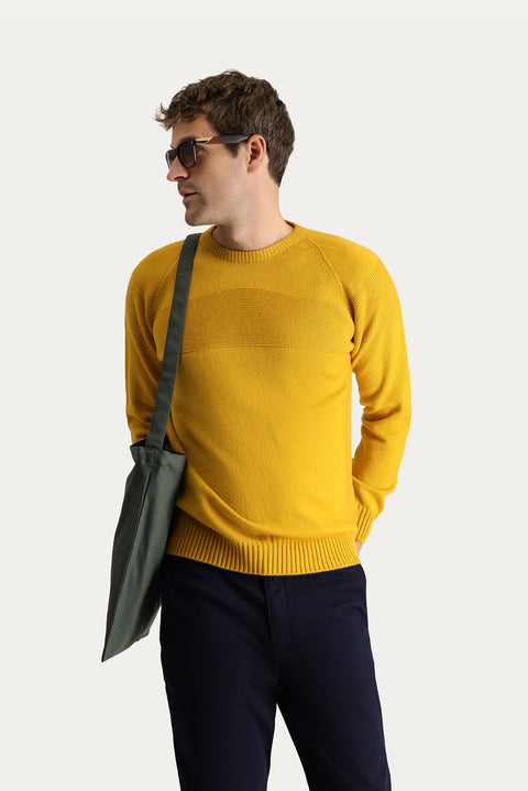 Hardal Bisiklet Yaka Slim Fit Dar Kesim Desenli Yünlü Triko Kazak