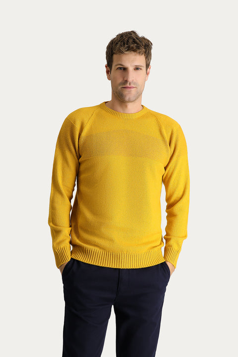 Hardal Bisiklet Yaka Slim Fit Dar Kesim Desenli Yünlü Triko Kazak