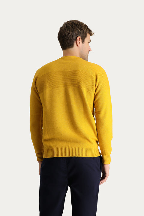 Hardal Bisiklet Yaka Slim Fit Dar Kesim Desenli Yünlü Triko Kazak