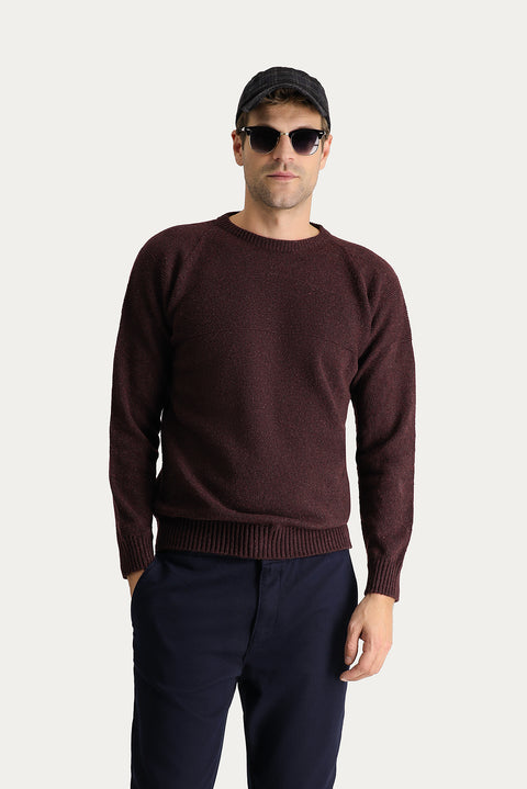 Koyu Bordo Bisiklet Yaka Slim Fit Dar Kesim Desenli Yünlü Triko Kazak