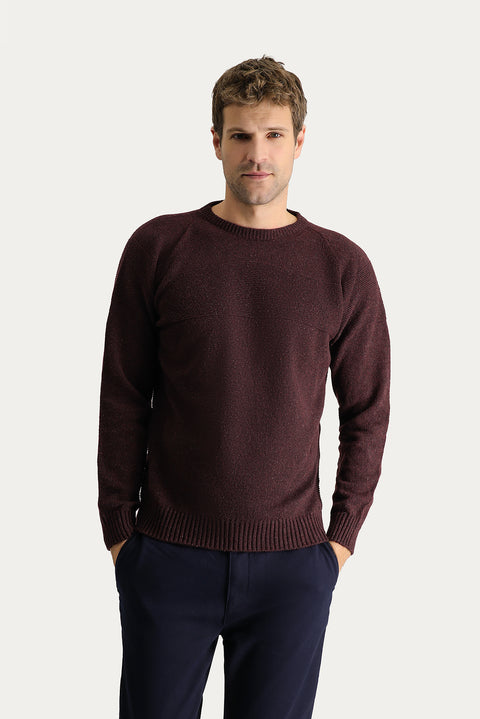 Koyu Bordo Bisiklet Yaka Slim Fit Dar Kesim Desenli Yünlü Triko Kazak