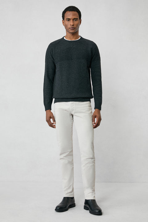 Dark Anthracite Crew Neck Slim Fit Patterned Wool Knit Sweater