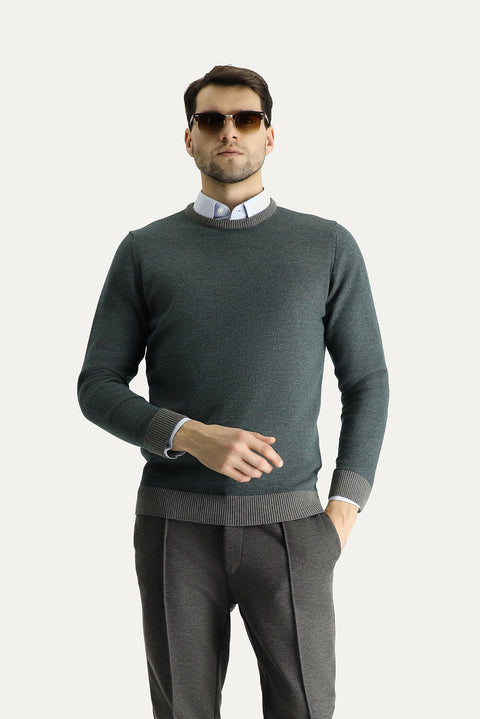 Orta Gri Bisiklet Yaka Slim Fit Dar Kesim Desenli Triko Kazak