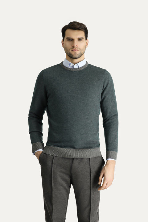 Orta Gri Bisiklet Yaka Slim Fit Dar Kesim Desenli Triko Kazak