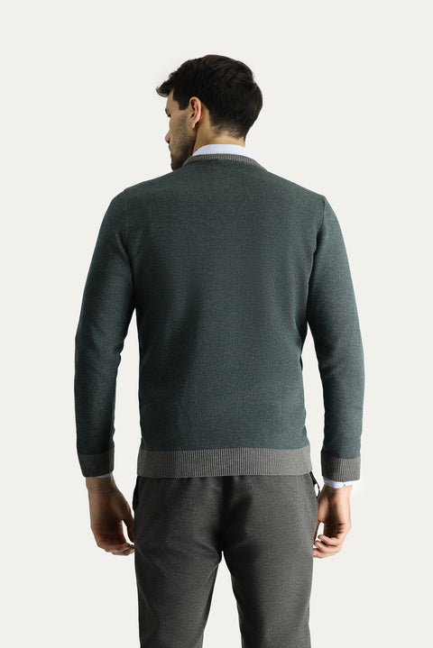 Orta Gri Bisiklet Yaka Slim Fit Dar Kesim Desenli Triko Kazak