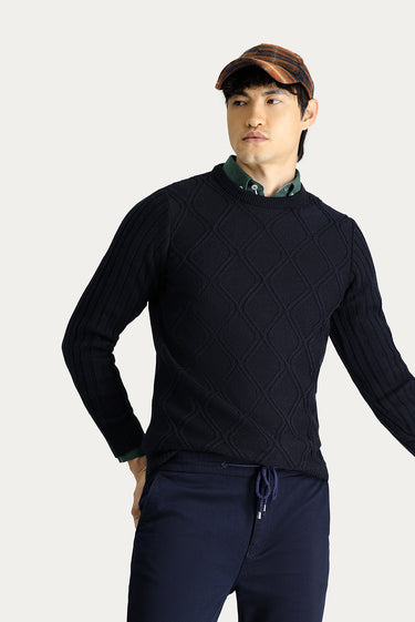 Koyu Lacivert Bisiklet Yaka Regular Fit Desenli Triko Kazak