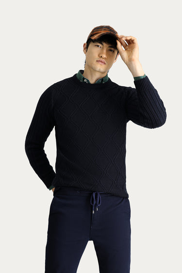 Koyu Lacivert Bisiklet Yaka Regular Fit Desenli Triko Kazak