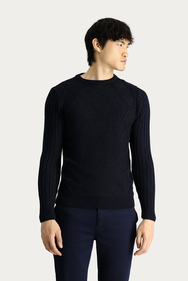 Koyu Lacivert Bisiklet Yaka Regular Fit Desenli Triko Kazak