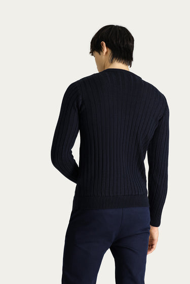 Koyu Lacivert Bisiklet Yaka Regular Fit Desenli Triko Kazak