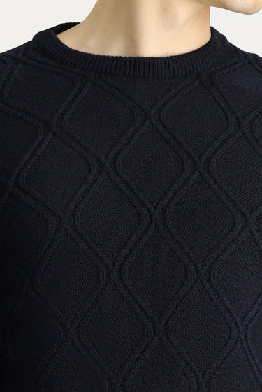 Koyu Lacivert Bisiklet Yaka Regular Fit Desenli Triko Kazak