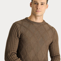 Orta Kahve Bisiklet Yaka Regular Fit Desenli Triko Kazak