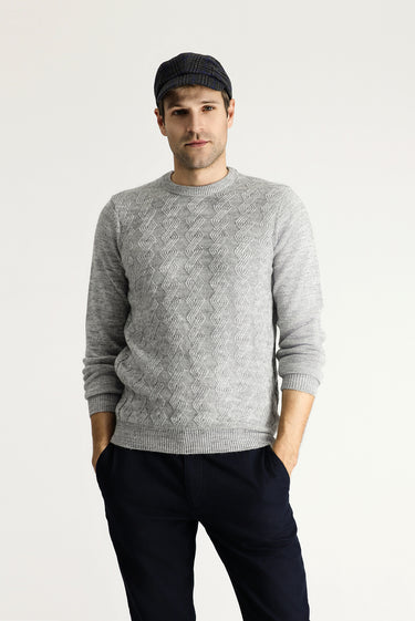 Açık Gri Melanj Bisiklet Yaka Slim Fit Dar Kesim Desenli Triko Kazak