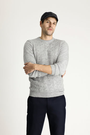 Açık Gri Melanj Bisiklet Yaka Slim Fit Dar Kesim Desenli Triko Kazak