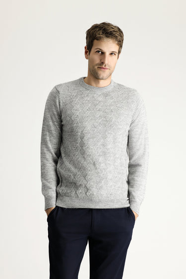 Açık Gri Melanj Bisiklet Yaka Slim Fit Dar Kesim Desenli Triko Kazak