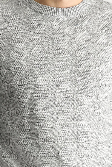 Açık Gri Melanj Bisiklet Yaka Slim Fit Dar Kesim Desenli Triko Kazak