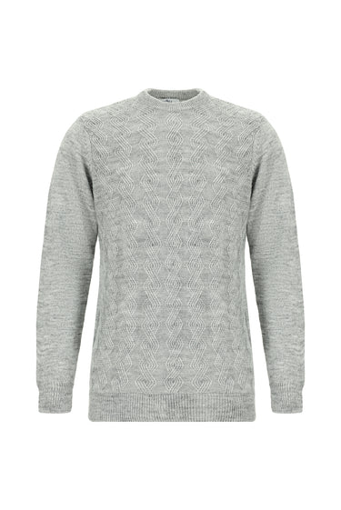 Açık Gri Melanj Bisiklet Yaka Slim Fit Dar Kesim Desenli Triko Kazak