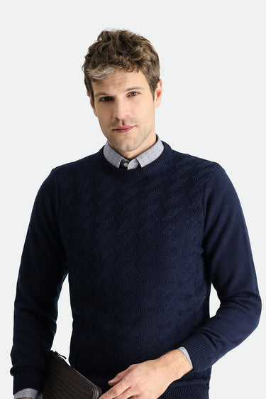 Koyu Lacivert Bisiklet Yaka Slim Fit Dar Kesim Desenli Triko Kazak