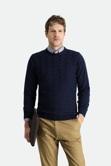 Koyu Lacivert Bisiklet Yaka Slim Fit Dar Kesim Desenli Triko Kazak