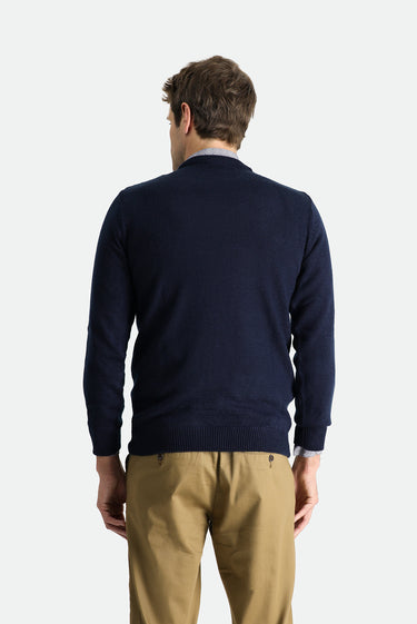 Koyu Lacivert Bisiklet Yaka Slim Fit Dar Kesim Desenli Triko Kazak