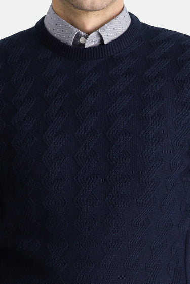 Koyu Lacivert Bisiklet Yaka Slim Fit Dar Kesim Desenli Triko Kazak