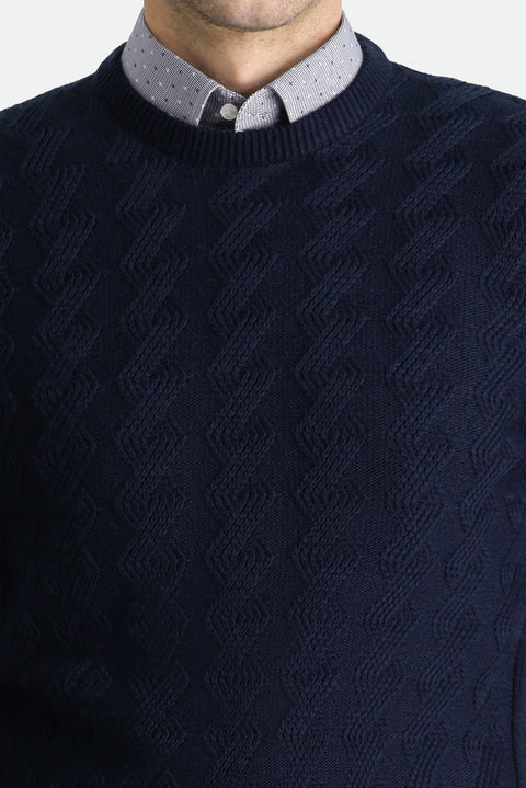 Koyu Lacivert Bisiklet Yaka Slim Fit Dar Kesim Desenli Triko Kazak