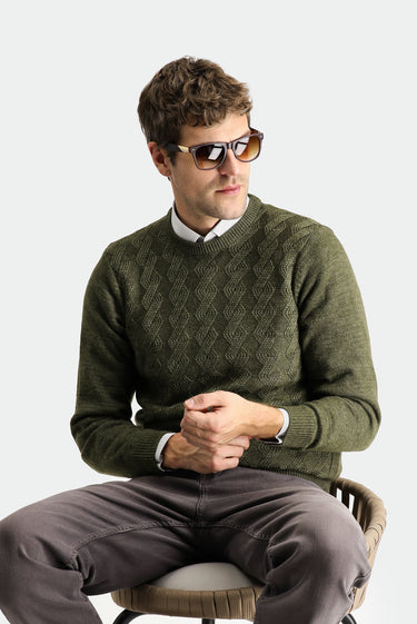 Orta Haki Bisiklet Yaka Slim Fit Dar Kesim Desenli Triko Kazak